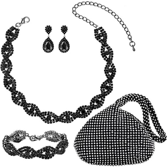 #48 Black Rhinestone Necklace Bracelet Earrings Handbag Crystal Necklace Set - Picture 1 of 7
